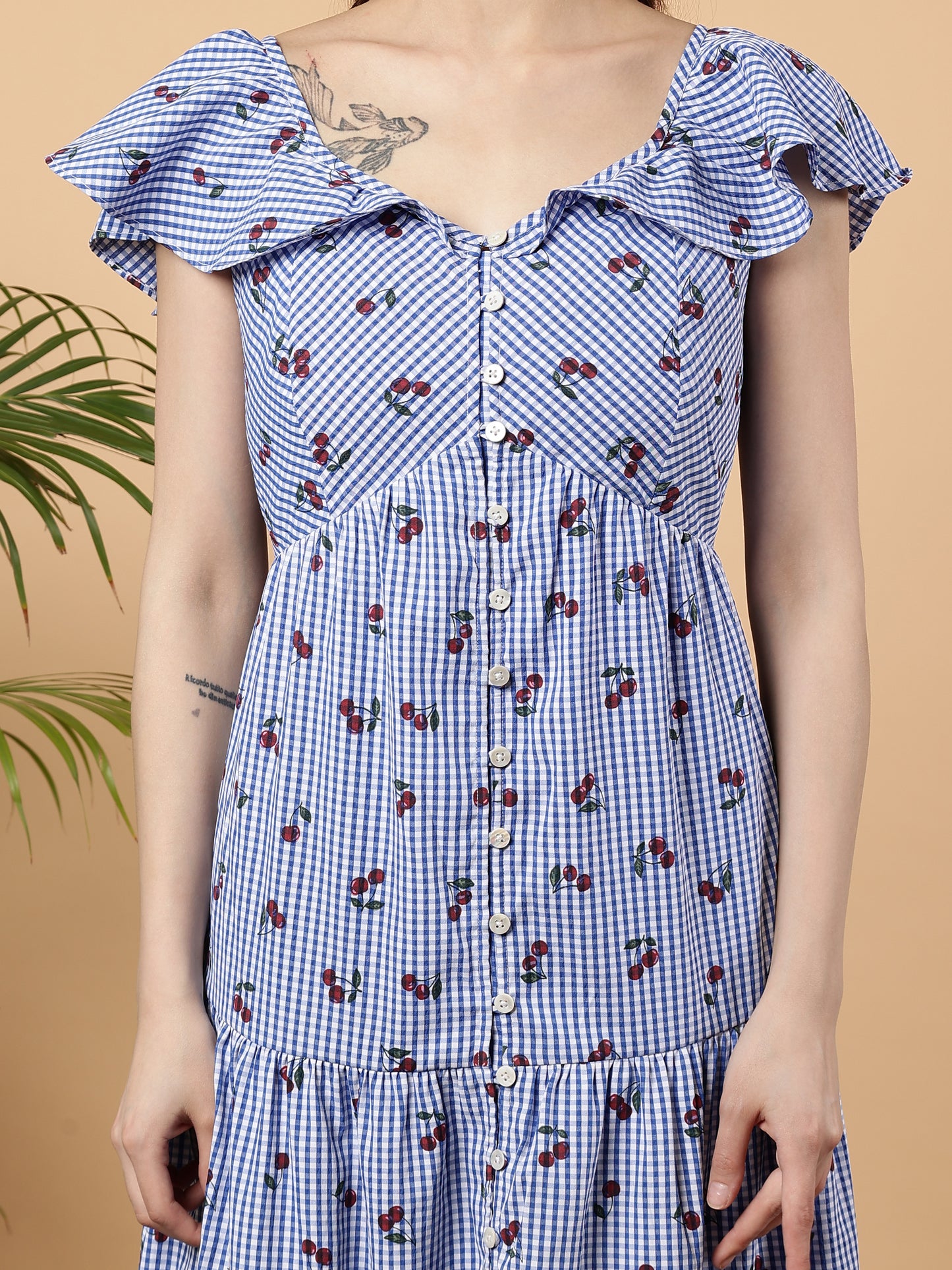 Checks With Cherry Printed Cotton Maxi Dress - Light Blue & White