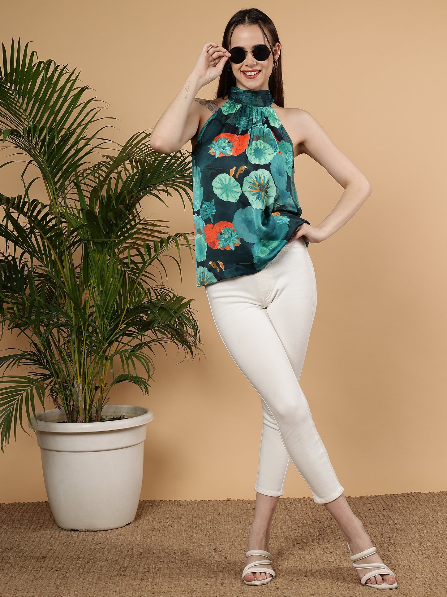 Floral Printed Casual Summer Halter Neck Top - Multicolor