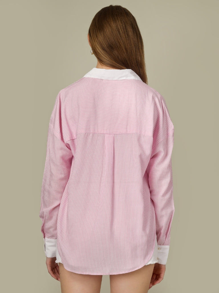 Contrast Collar Striped Button-Down Shirt