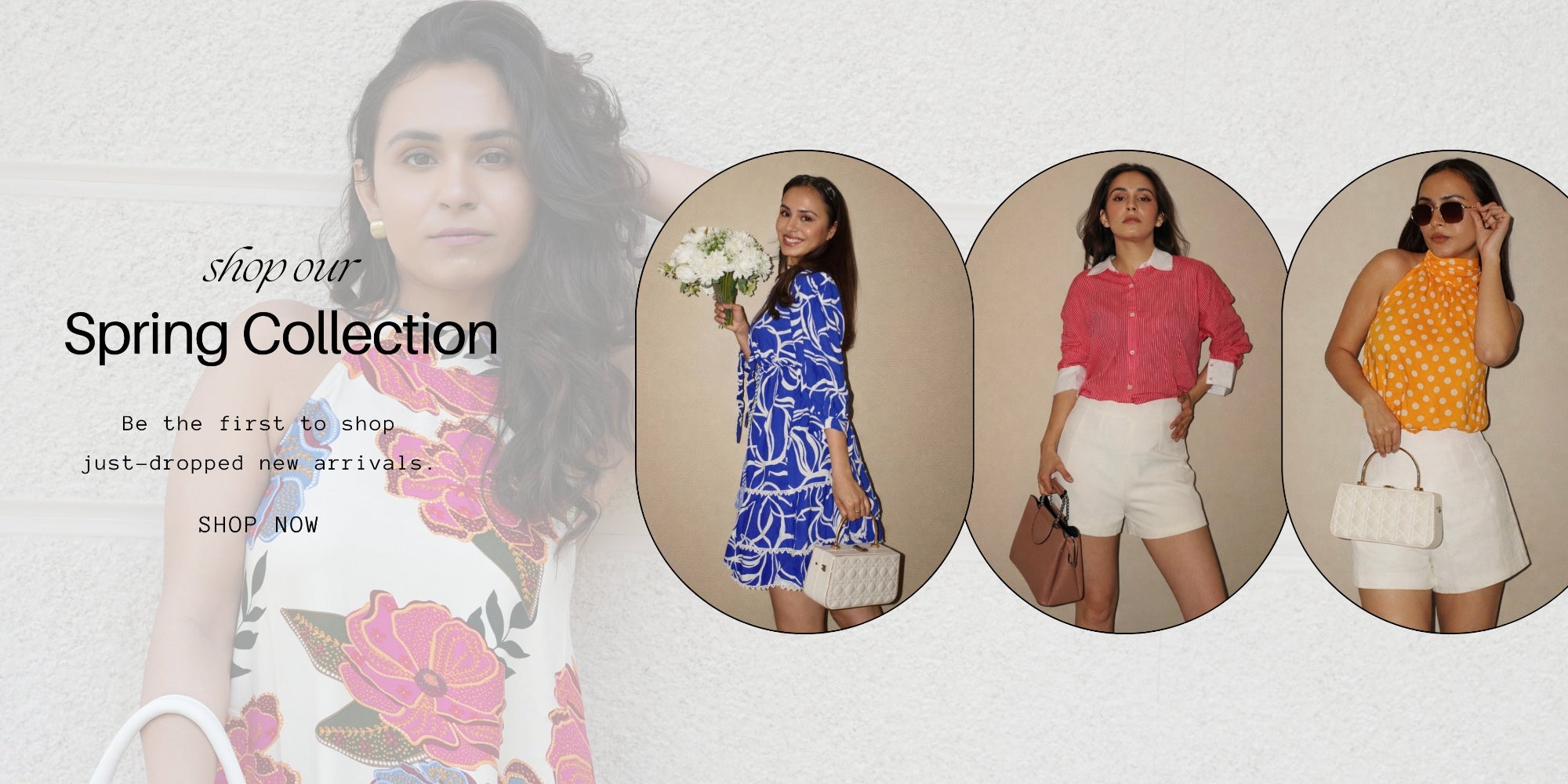 Promotional banner for a spring collection with models in various outfits.