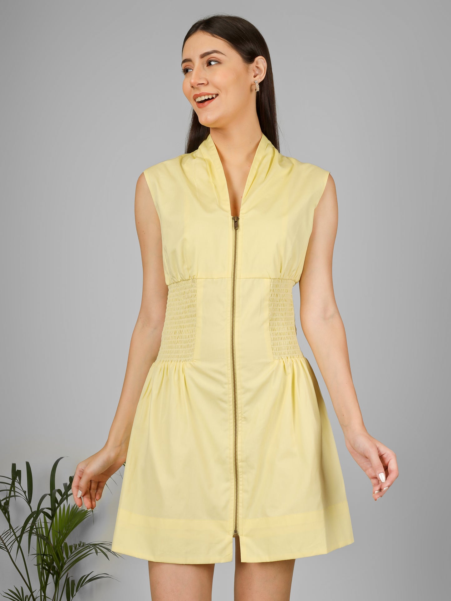 Sunlit Zip-Front Smocked Mini Dress
