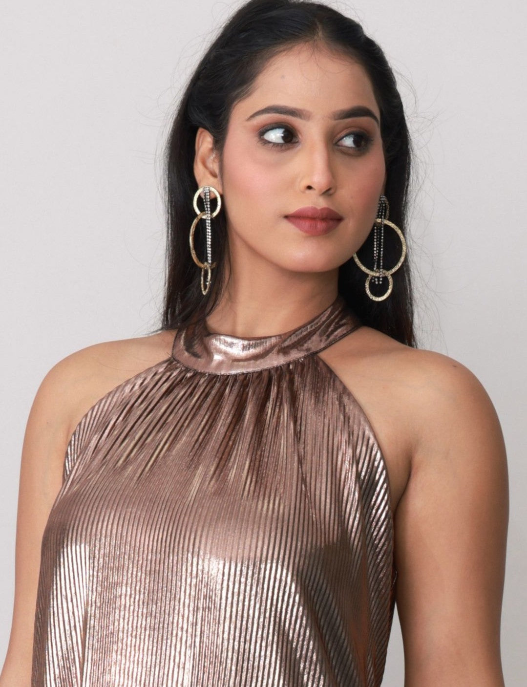 Copper Gleam Pleated Halter Gown