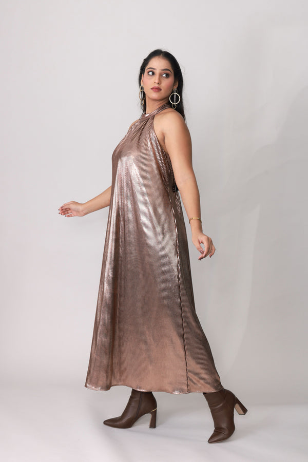 Copper Gleam Pleated Halter Gown