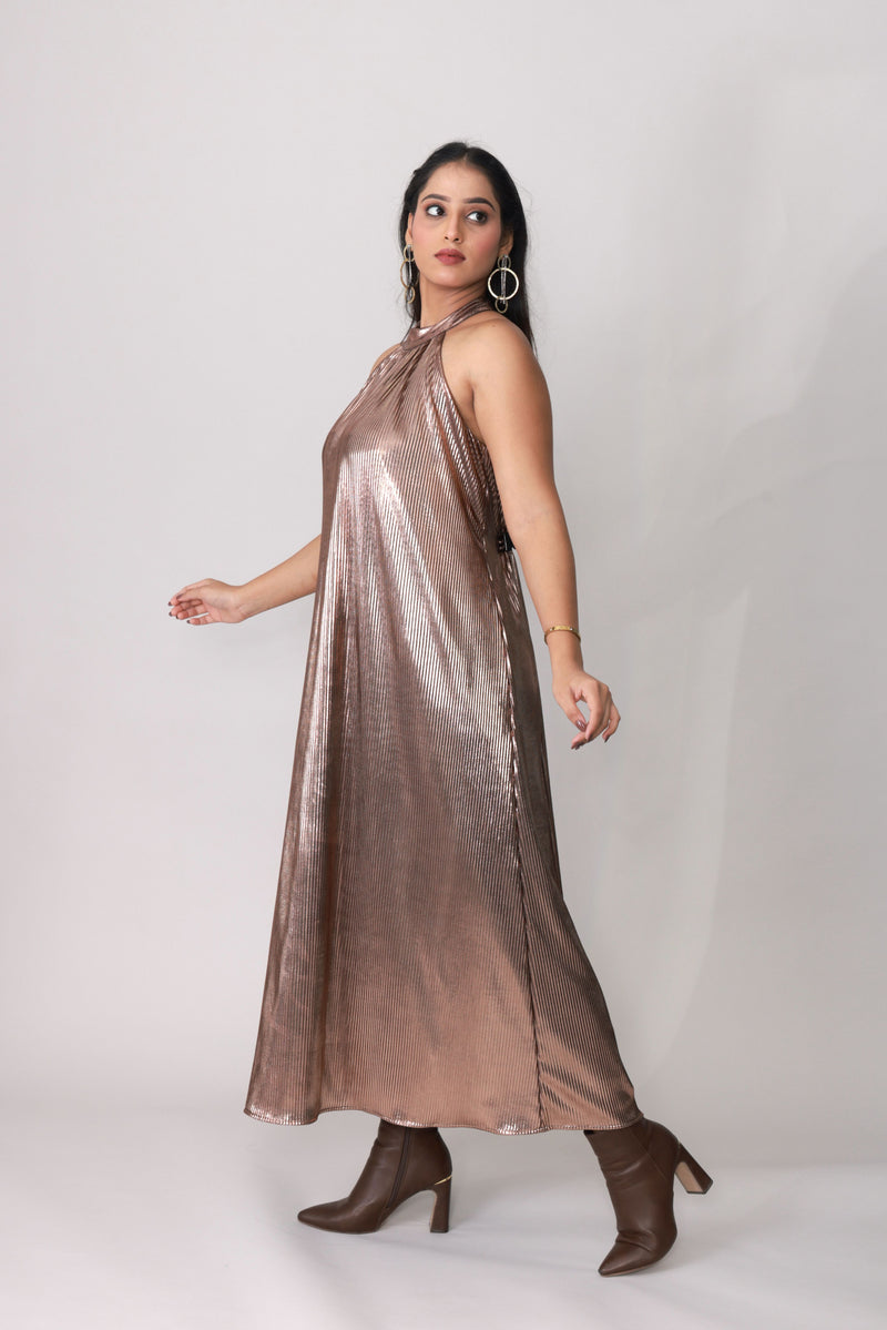 Copper Gleam Pleated Halter Gown