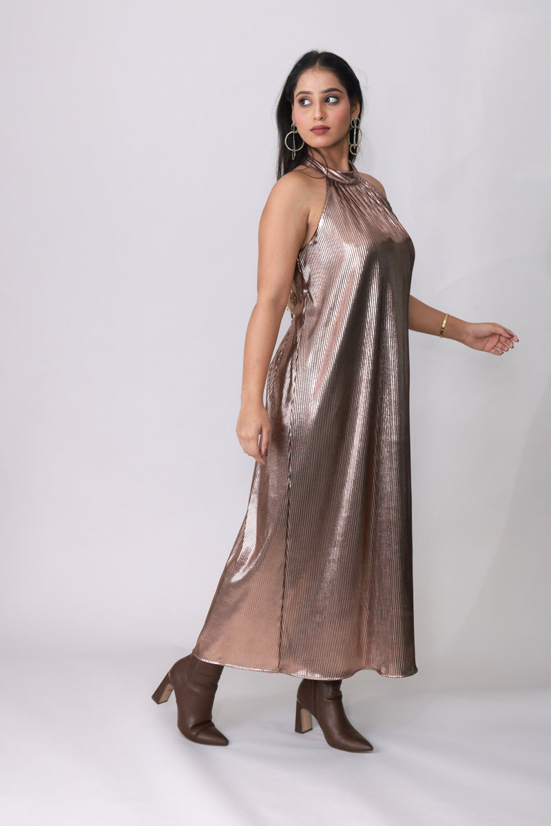 Copper Gleam Pleated Halter Gown