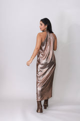 Copper Gleam Pleated Halter Gown
