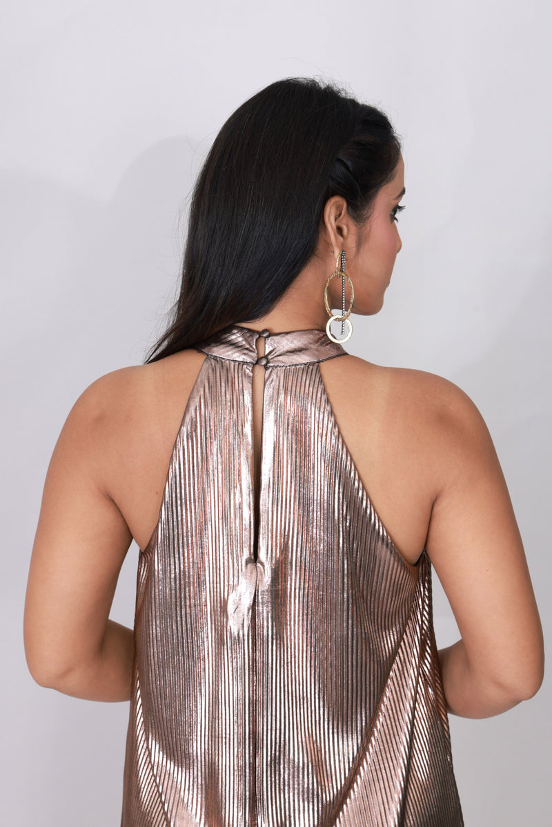 Copper Gleam Pleated Halter Gown