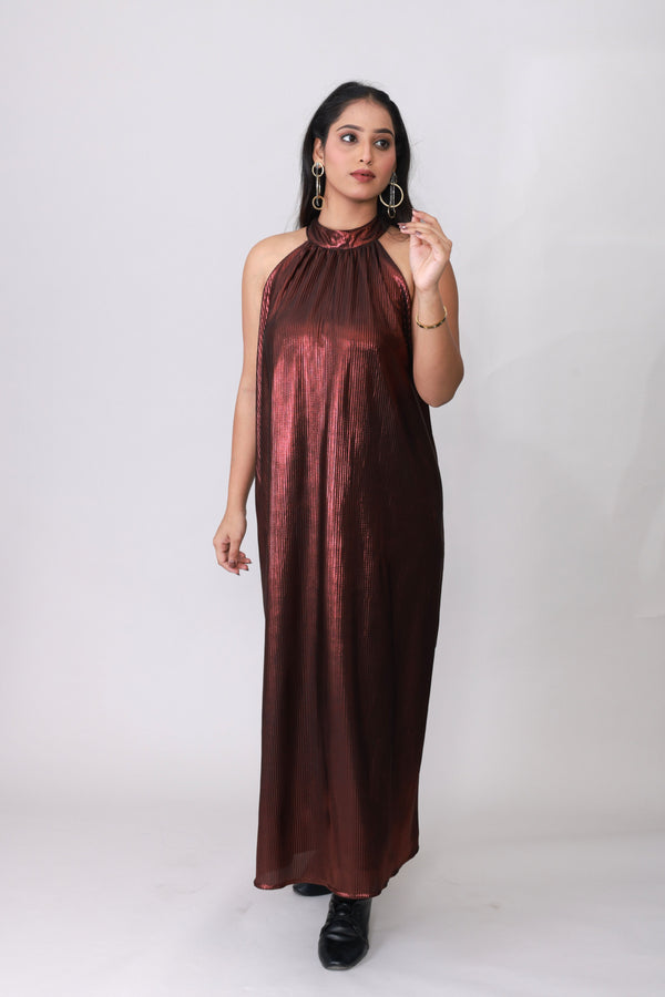 Copper Gleam Pleated Halter Gown