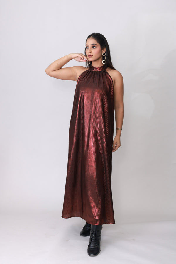Copper Gleam Pleated Halter Gown