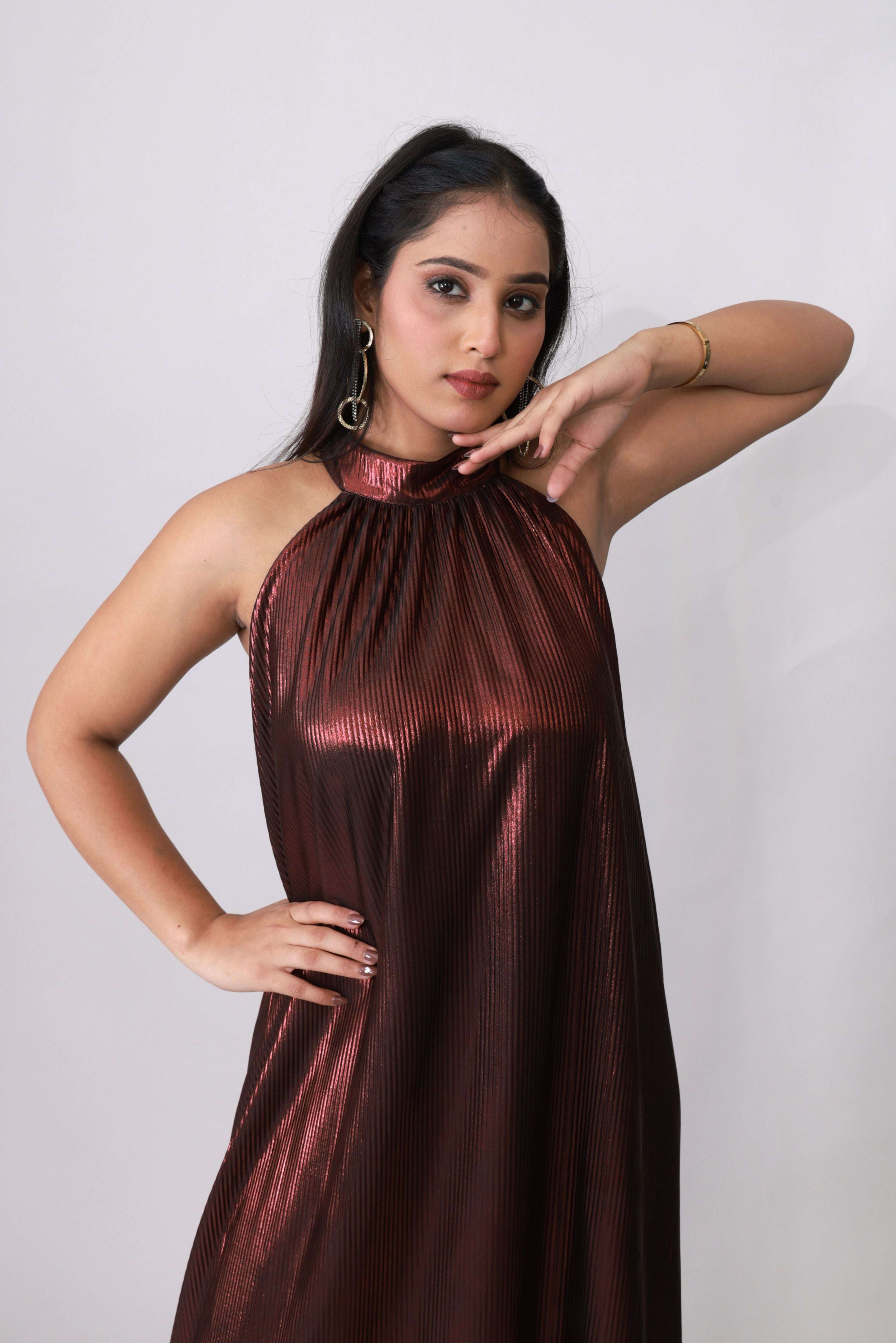 Copper Gleam Pleated Halter Gown