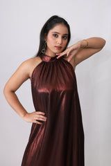 Copper Gleam Pleated Halter Gown