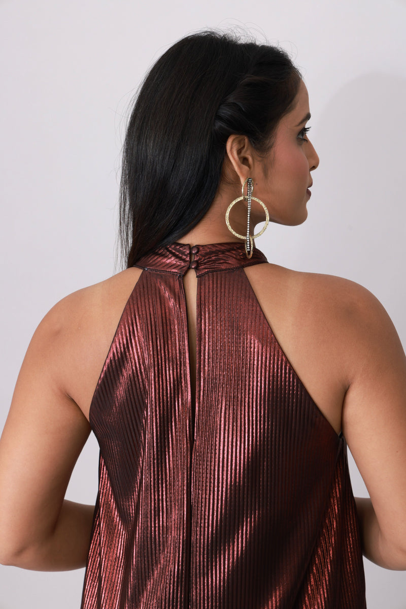 Copper Gleam Pleated Halter Gown