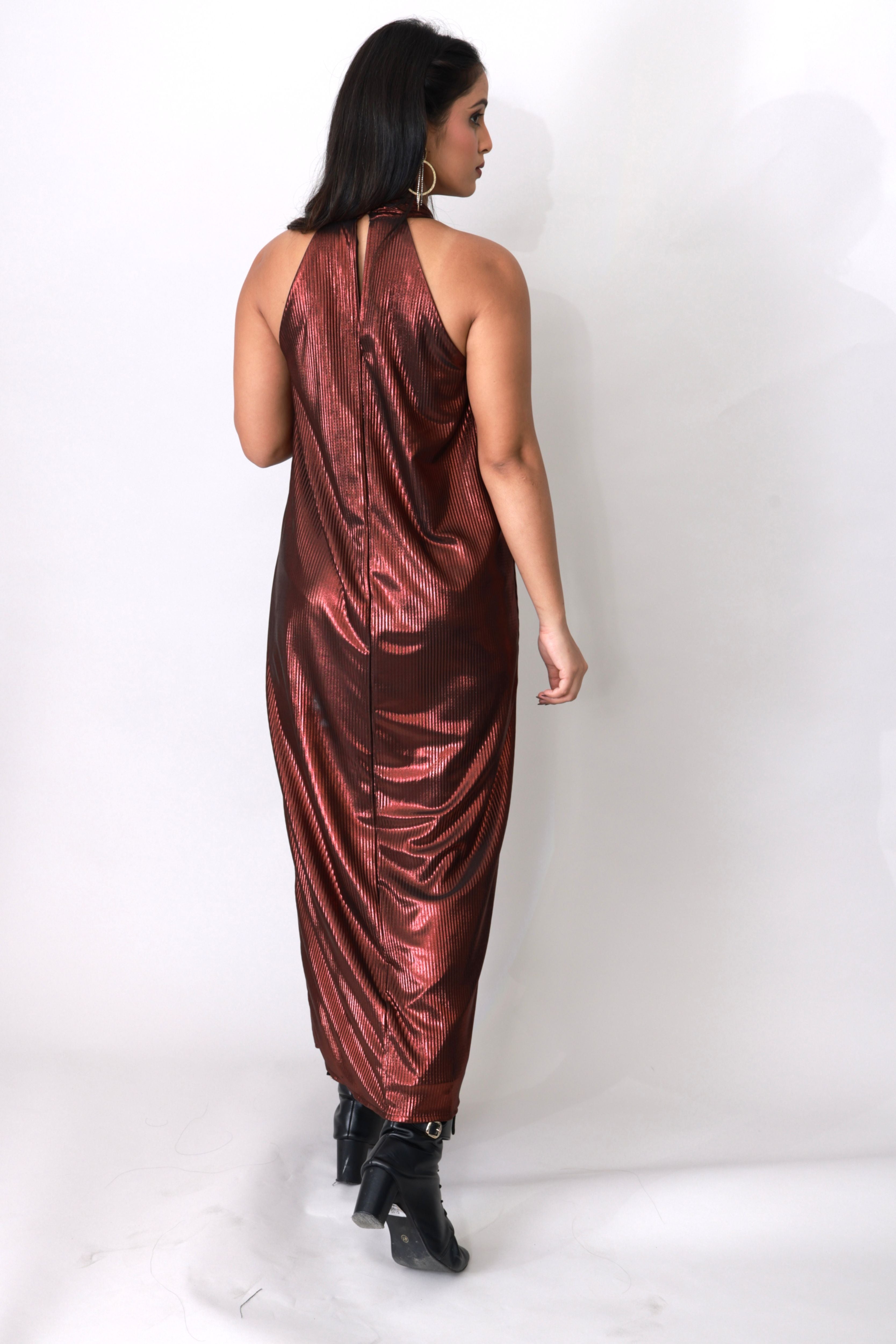 Copper Gleam Pleated Halter Gown