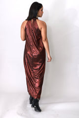 Copper Gleam Pleated Halter Gown