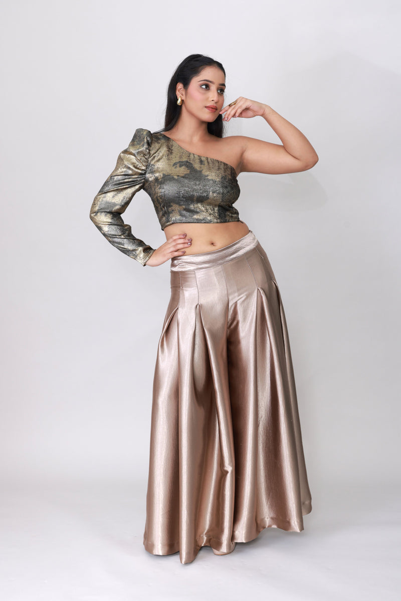 Luxe Asymmetry One-Shoulder Metallic Crop Top