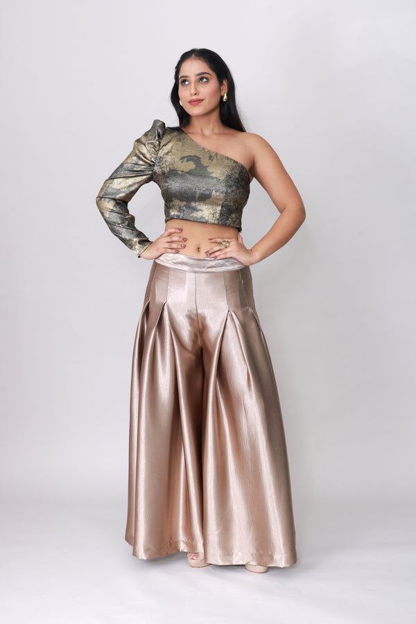 Luxe Asymmetry One-Shoulder Metallic Crop Top
