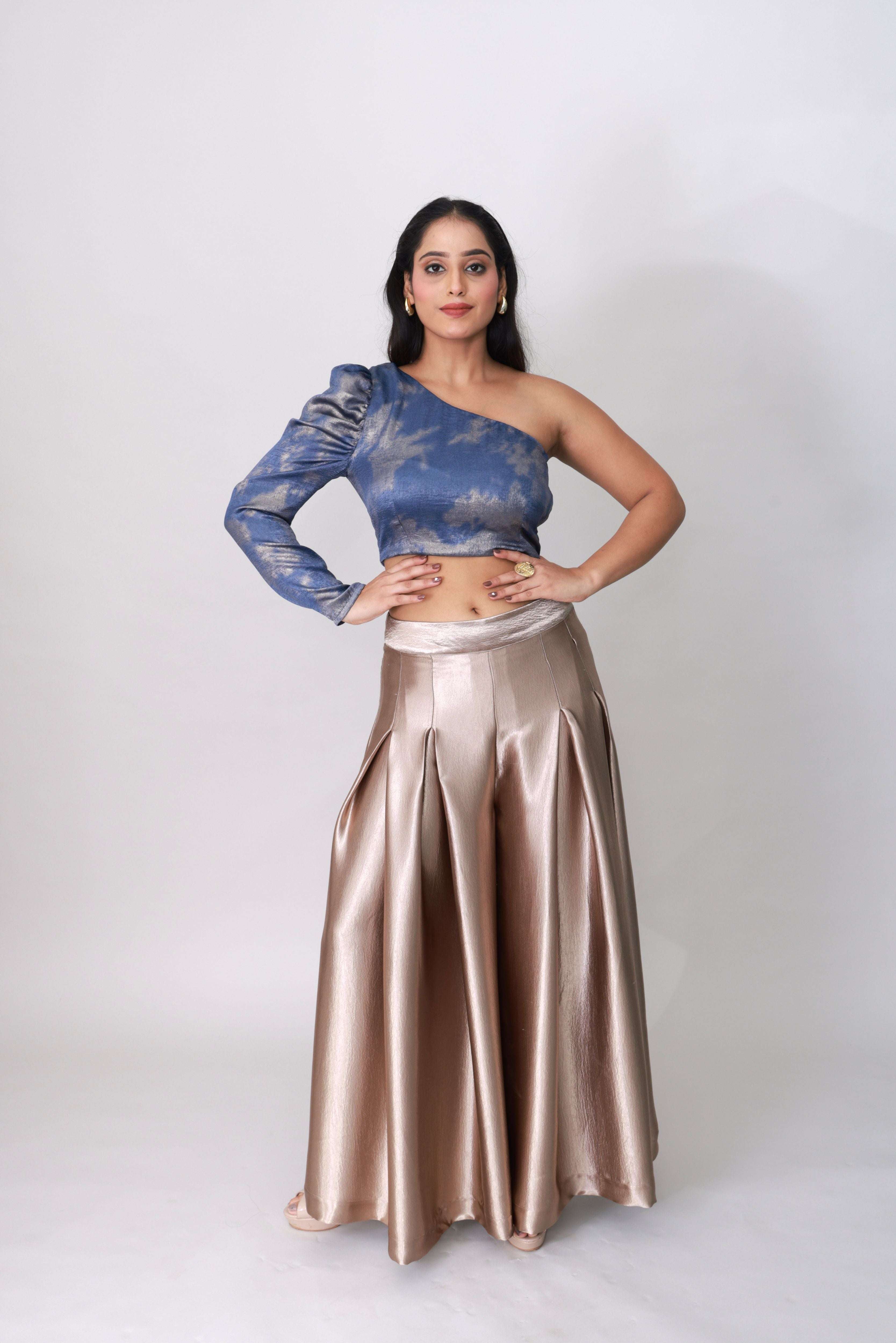 Luxe Asymmetry One-Shoulder Metallic Crop Top