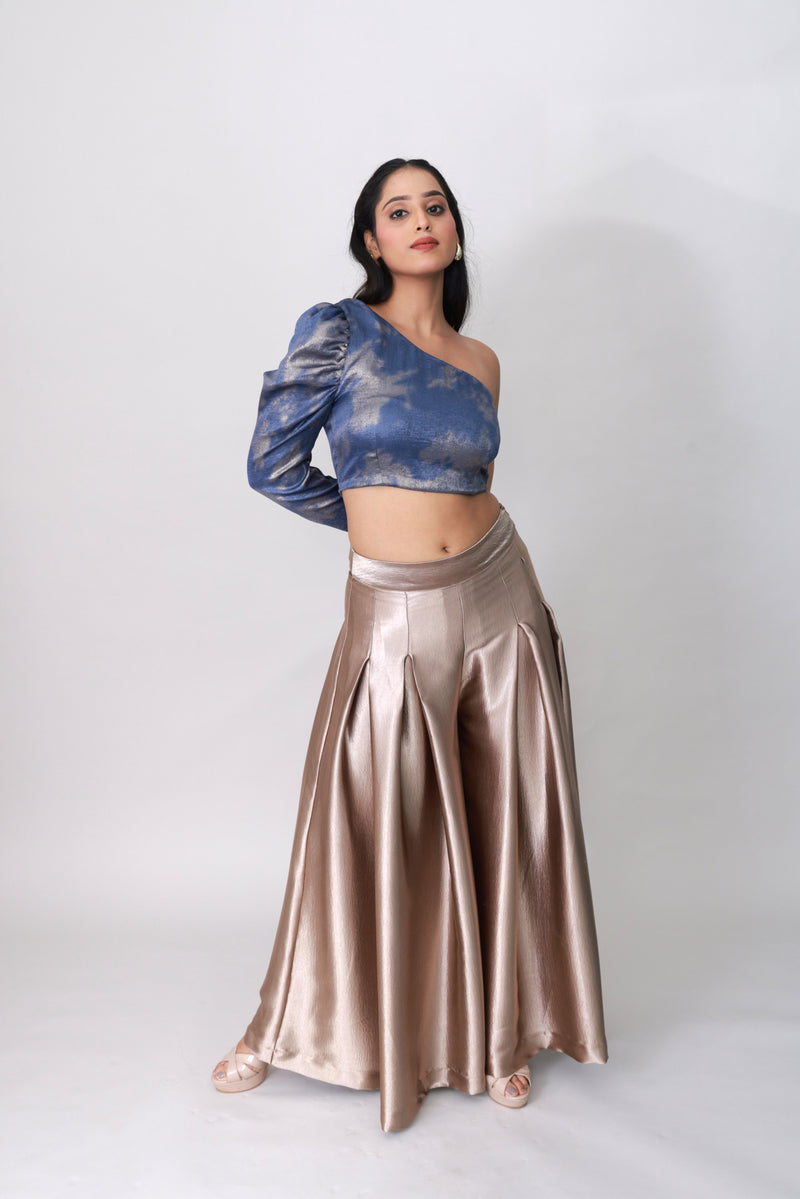 Luxe Asymmetry One-Shoulder Metallic Crop Top