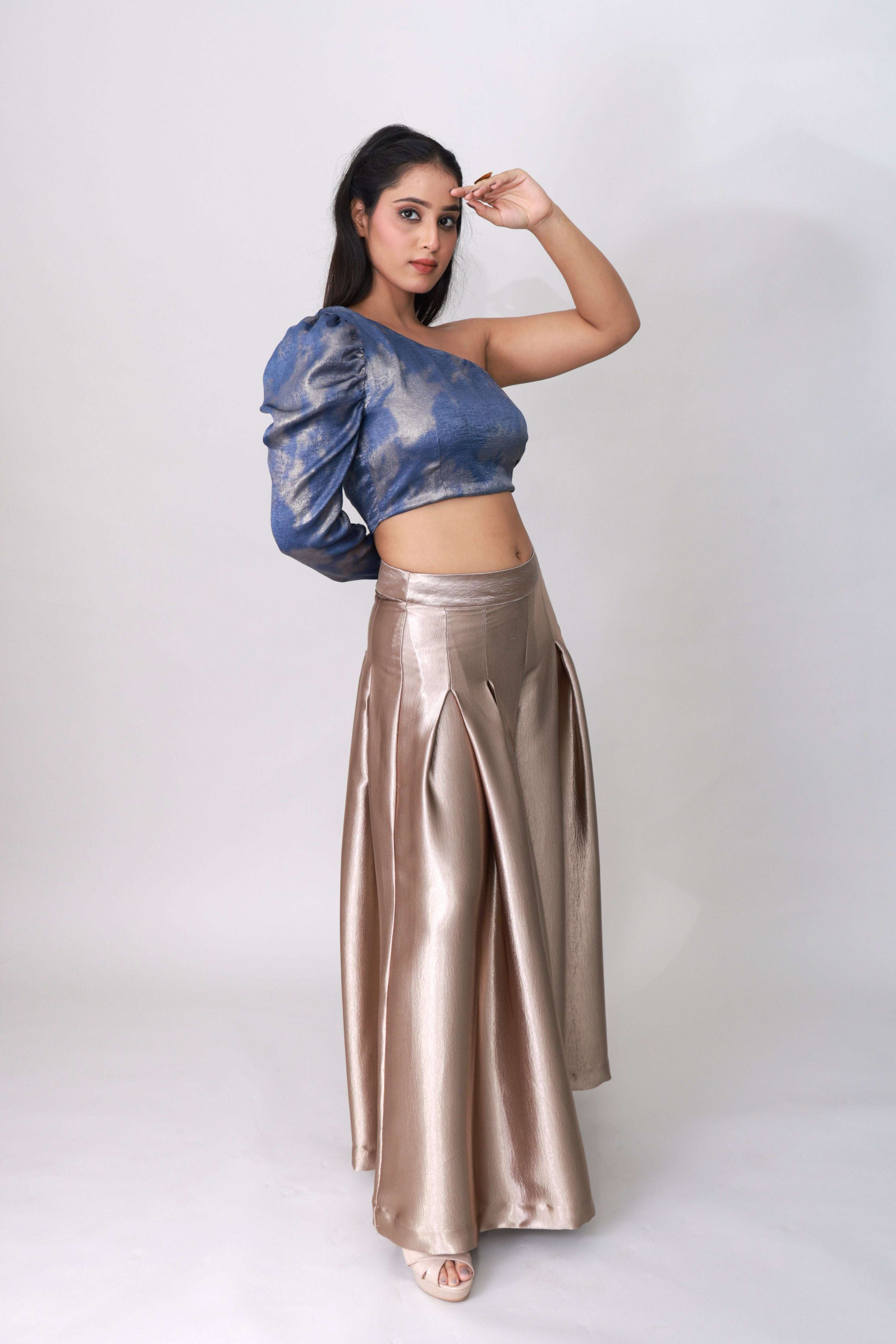 Luxe Asymmetry One-Shoulder Metallic Crop Top