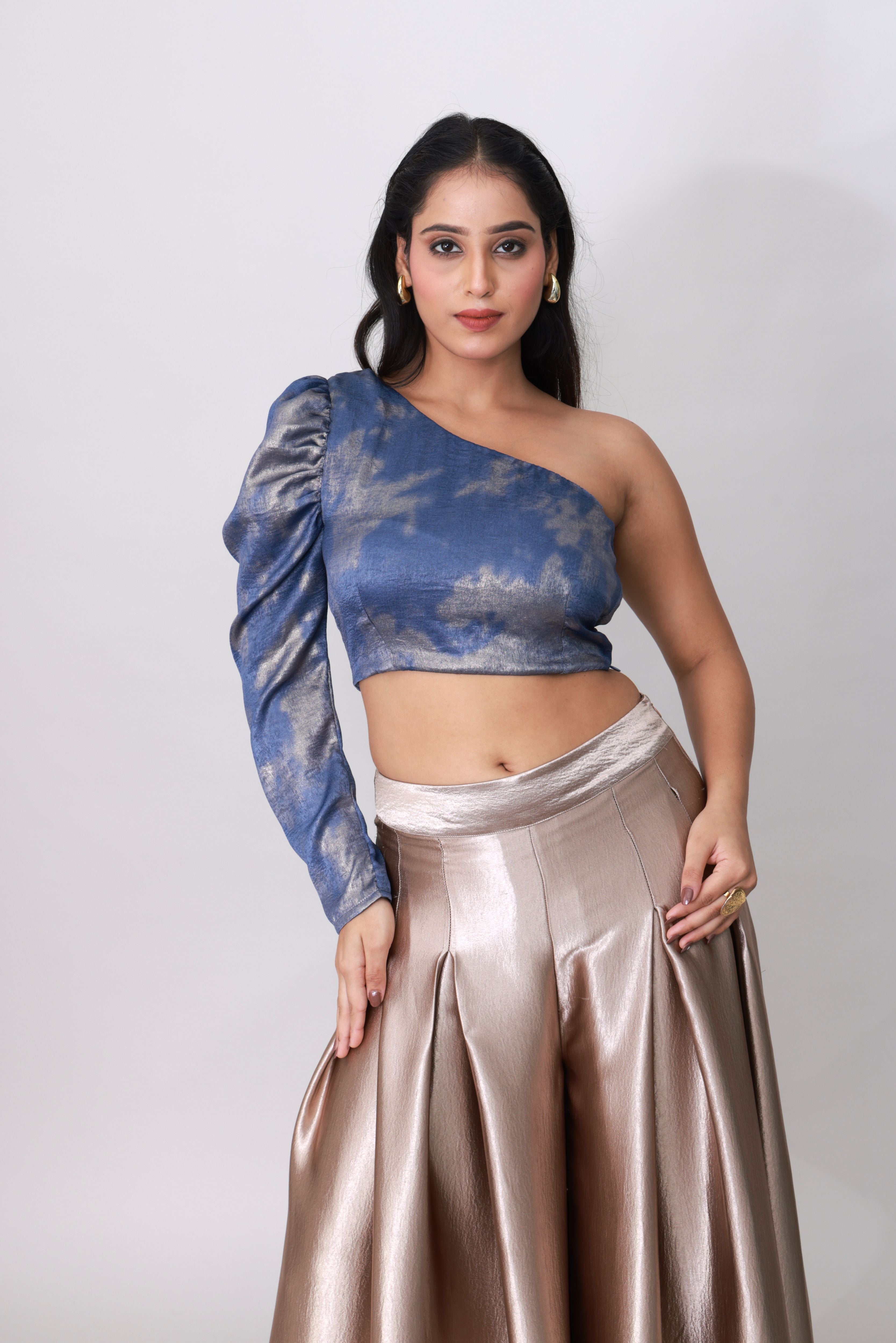 Luxe Asymmetry One-Shoulder Metallic Crop Top