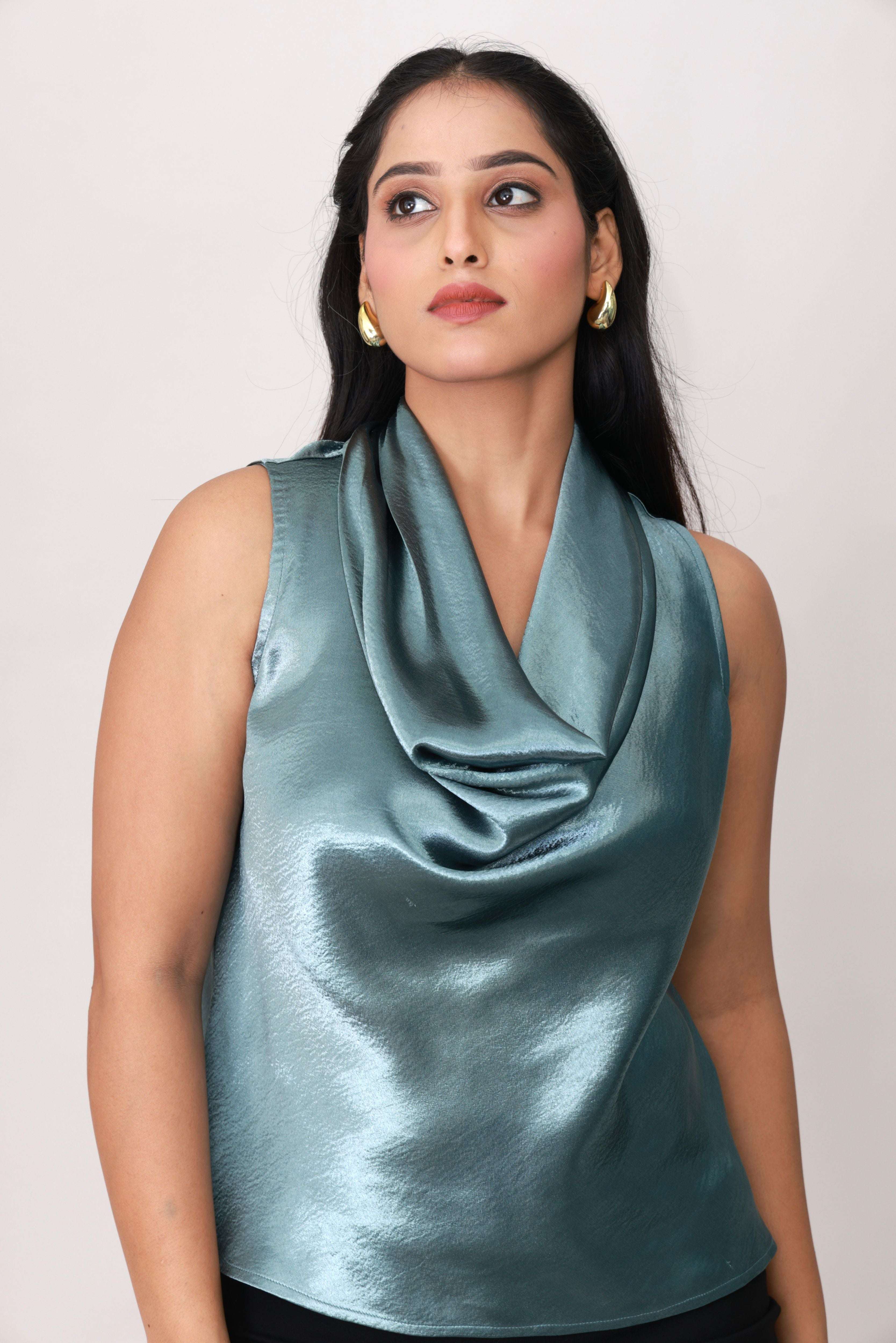 Glow Mode Cowl Top — Ocean Mist Satin Blend Cowl-Neck Top