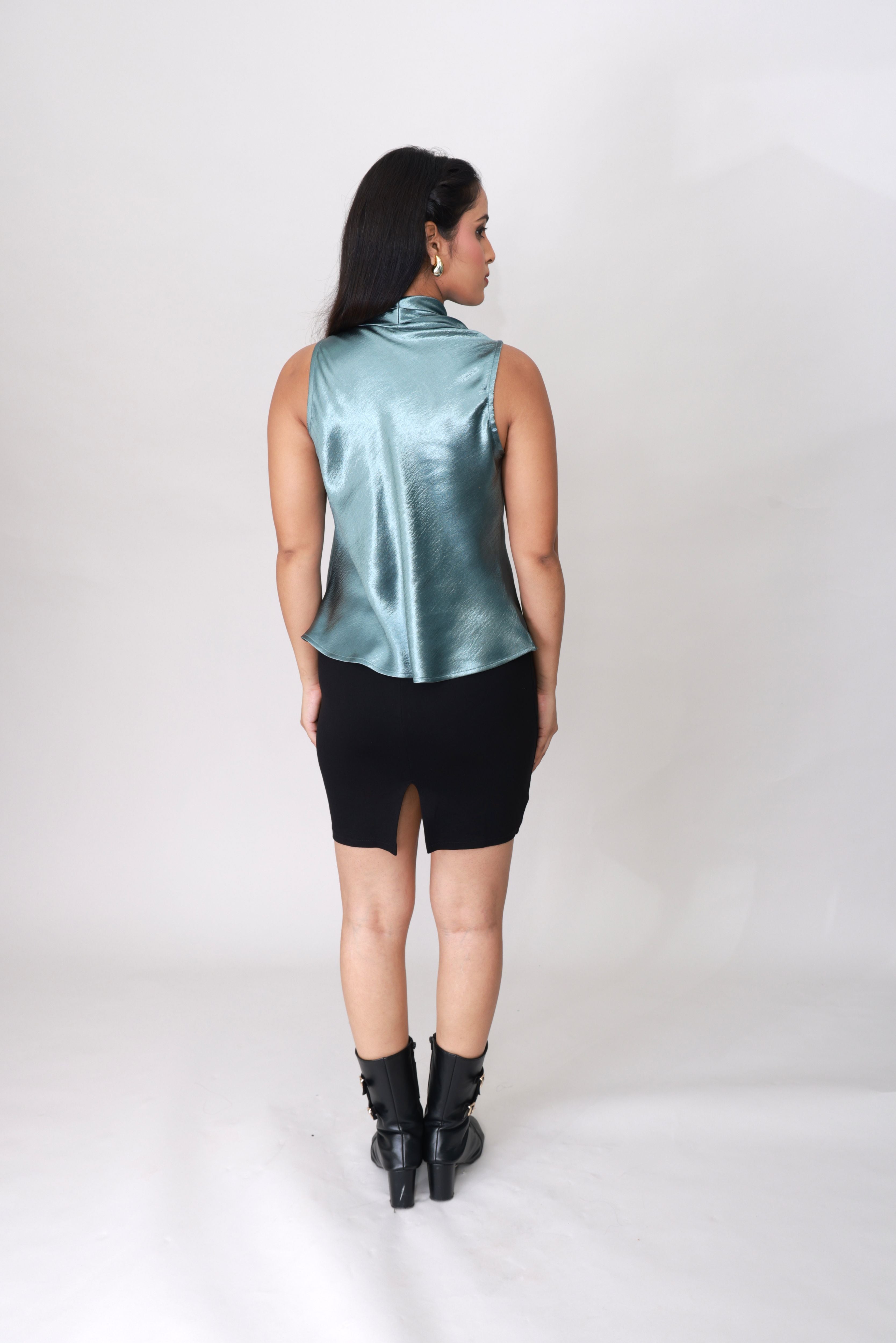 Glow Mode Cowl Top — Ocean Mist Satin Blend Cowl-Neck Top