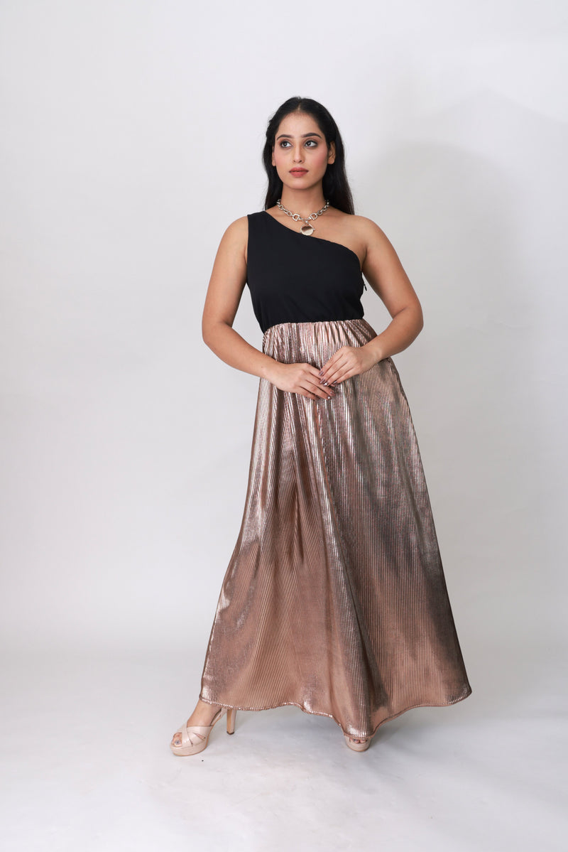 Champagne Glow One-Shoulder Pleated Maxi Dress
