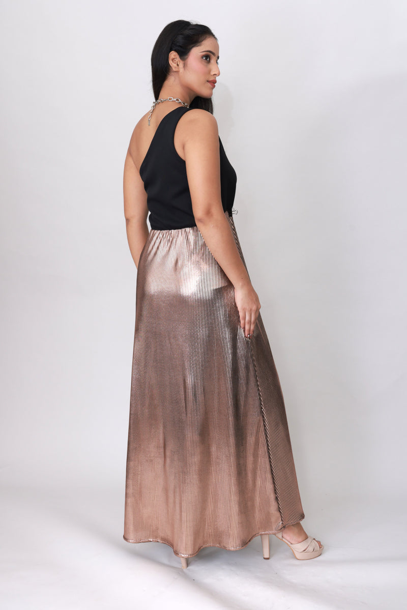 Champagne Glow One-Shoulder Pleated Maxi Dress