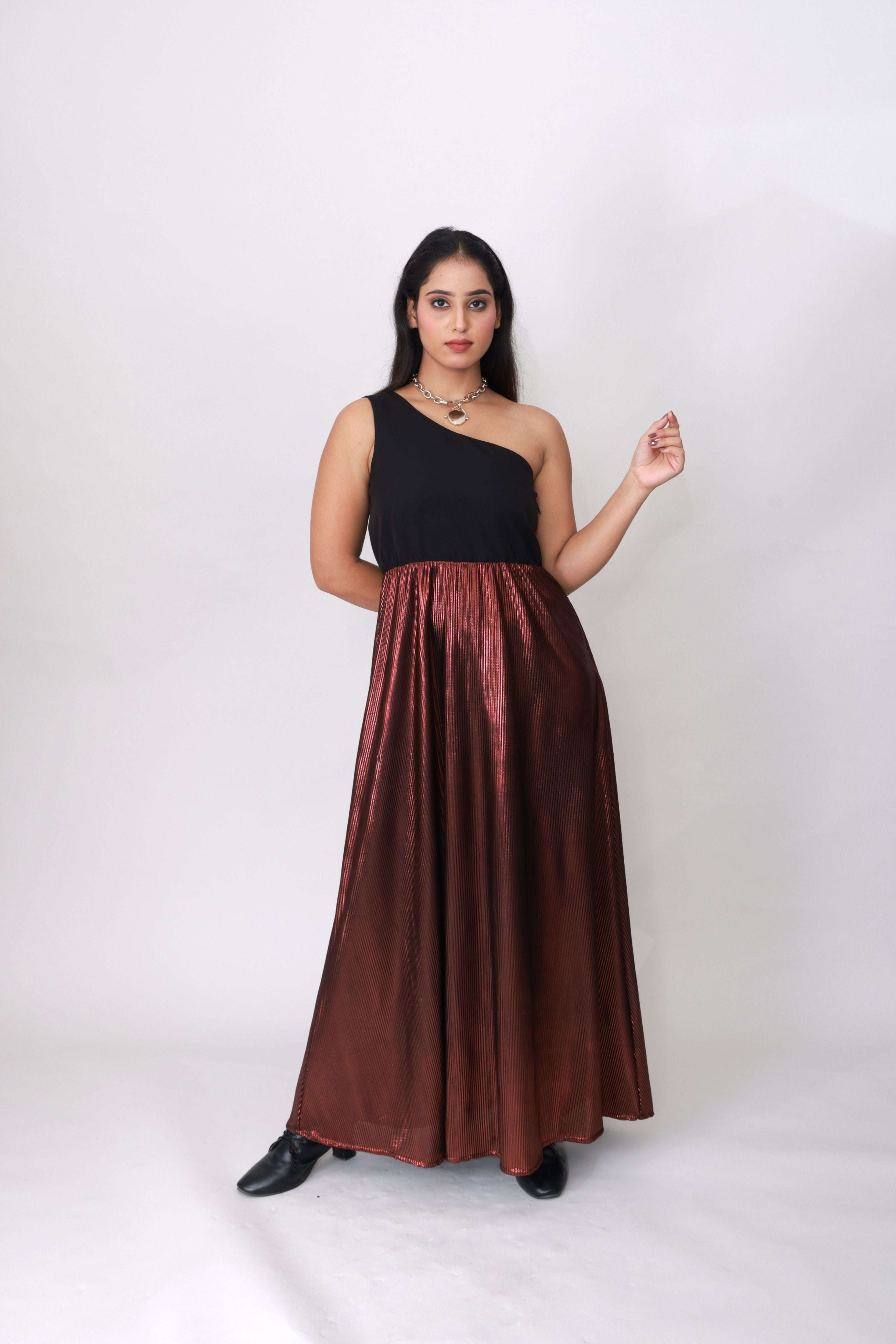 Bronze Eclipse One-Shoulder Pleated Maxi Dress