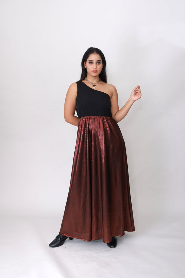 Bronze Eclipse One-Shoulder Pleated Maxi Dress