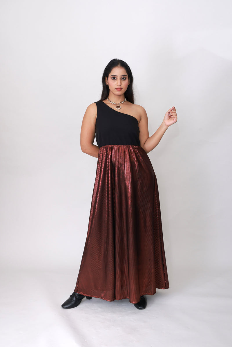Bronze Eclipse One-Shoulder Pleated Maxi Dress