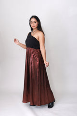 Bronze Eclipse One-Shoulder Pleated Maxi Dress