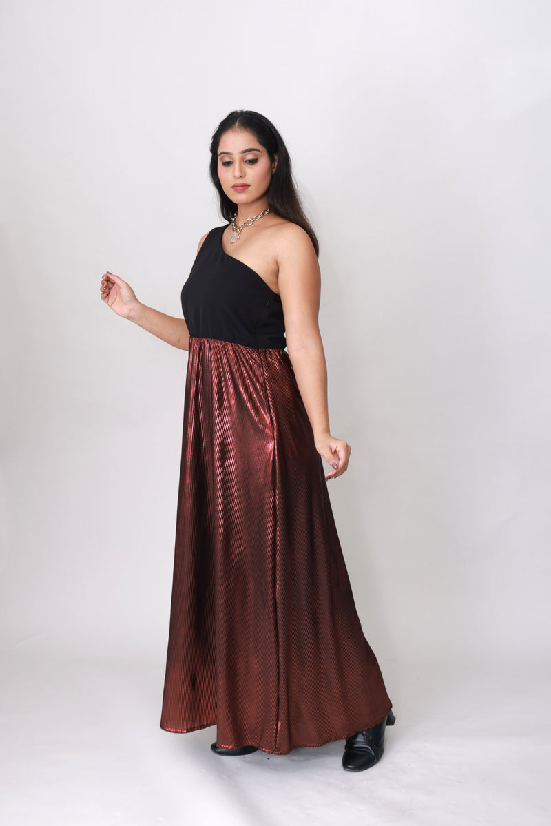 Bronze Eclipse One-Shoulder Pleated Maxi Dress