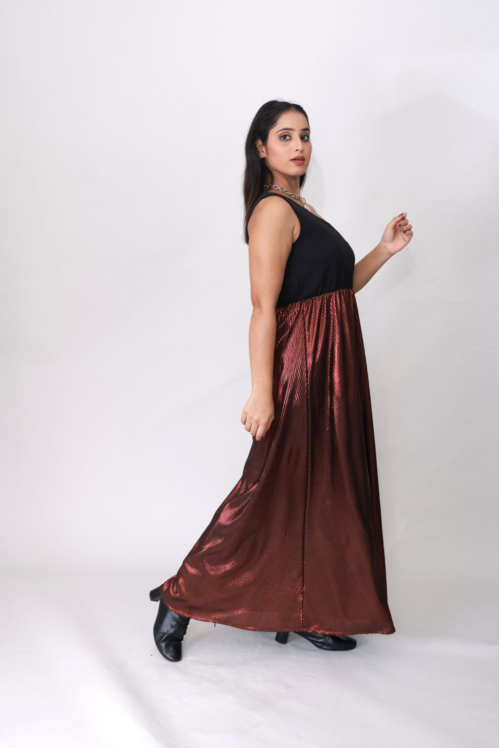 Bronze Eclipse One-Shoulder Pleated Maxi Dress