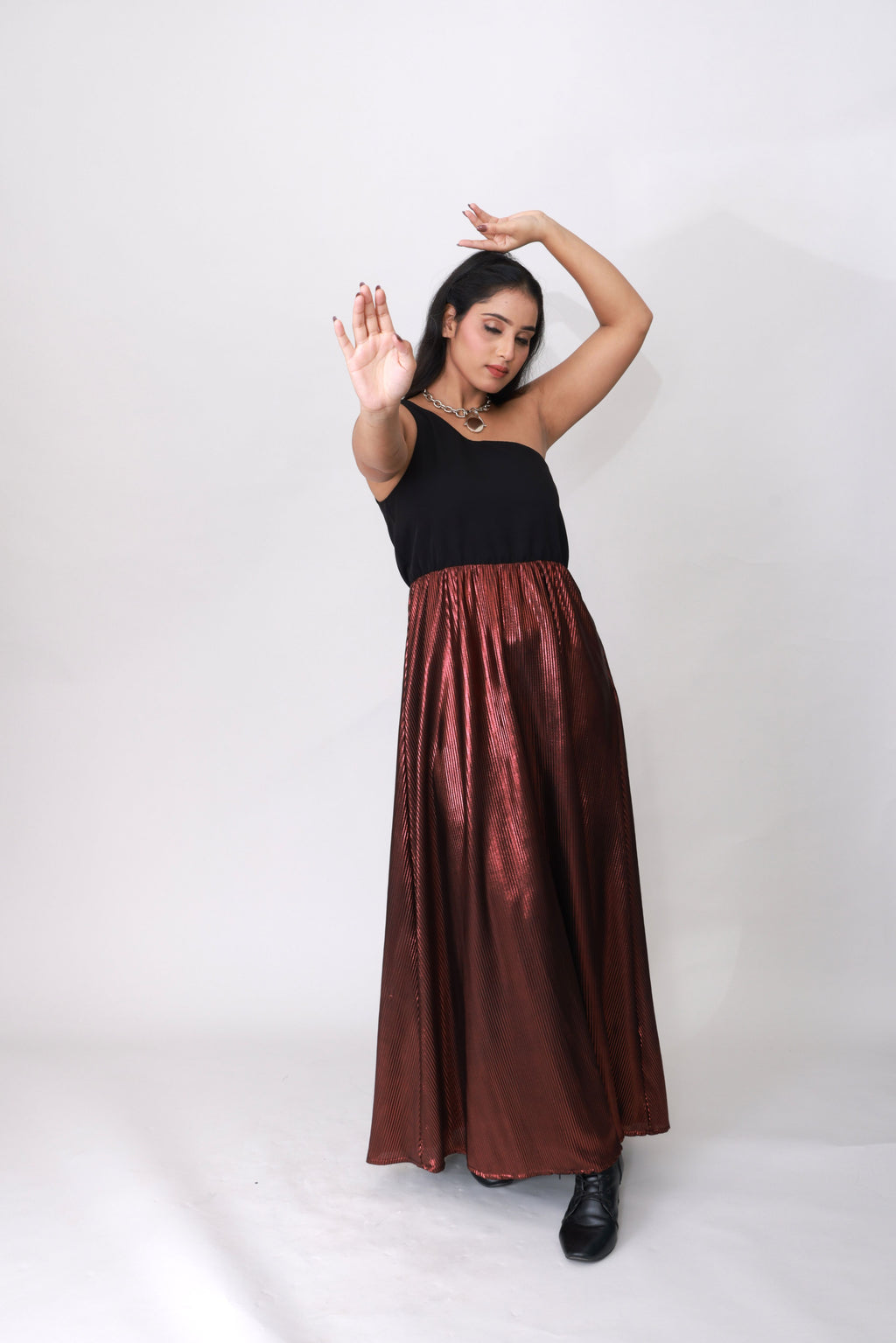 Bronze Eclipse One-Shoulder Pleated Maxi Dress