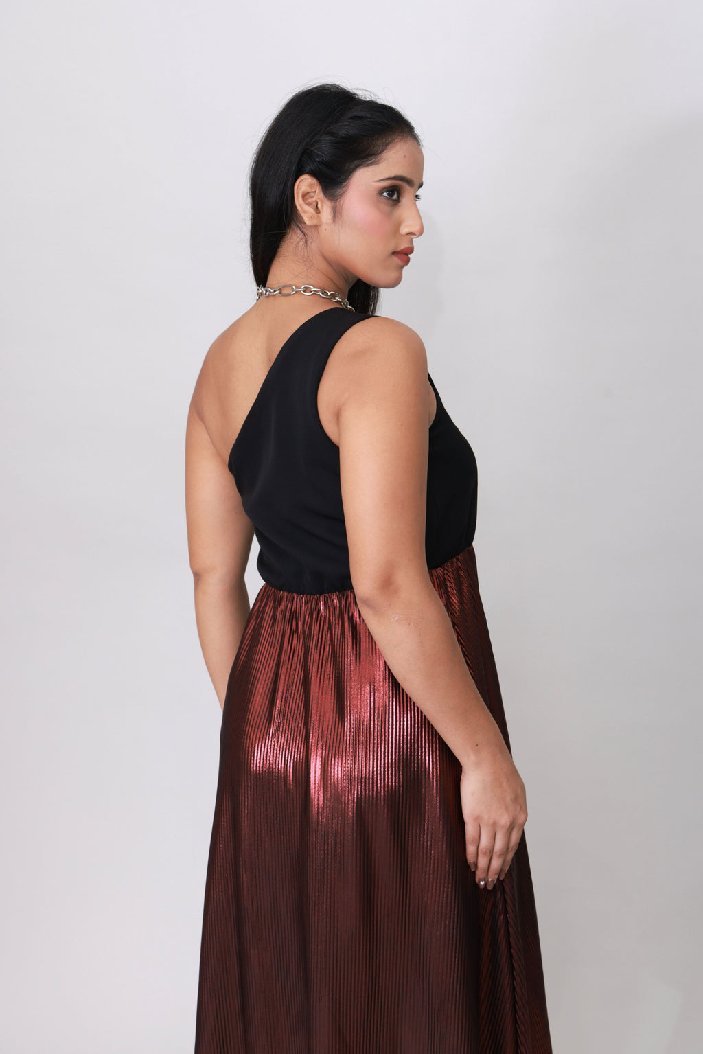 Bronze Eclipse One-Shoulder Pleated Maxi Dress