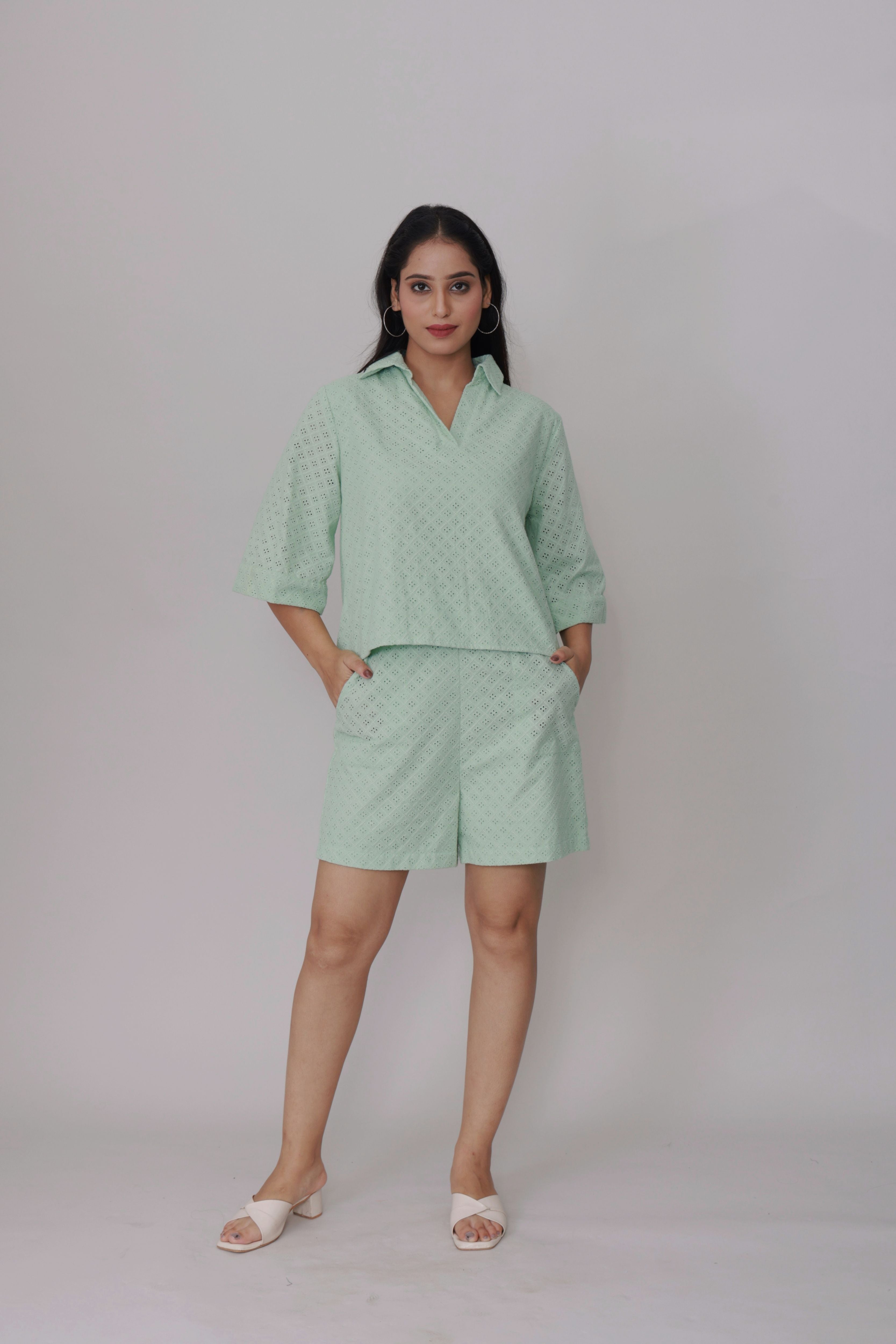 Pastel Mint Schiffli Eyelet Co-ord Set - Cropped Top & Shorts