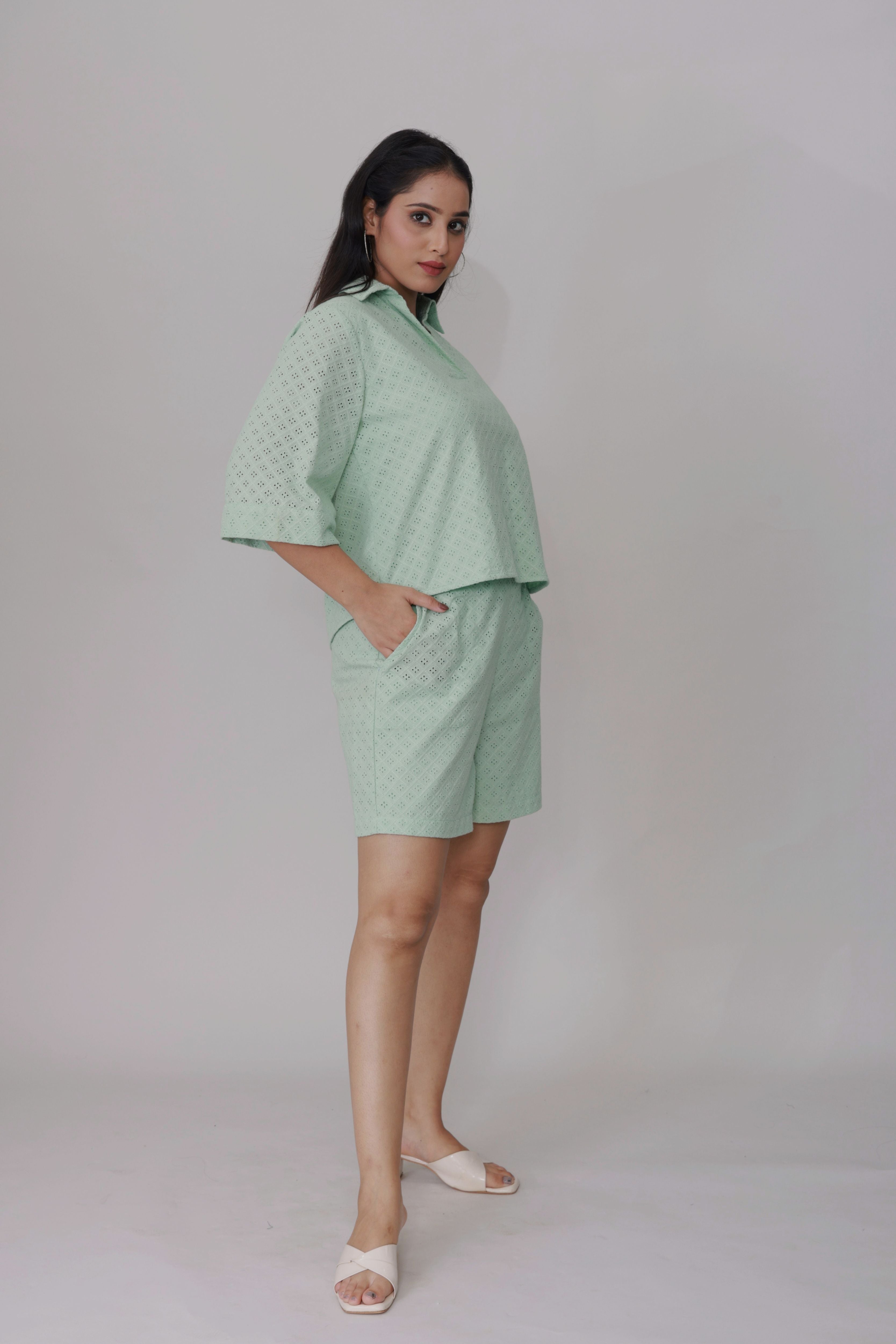 Pastel Mint Schiffli Eyelet Co-ord Set - Cropped Top & Shorts