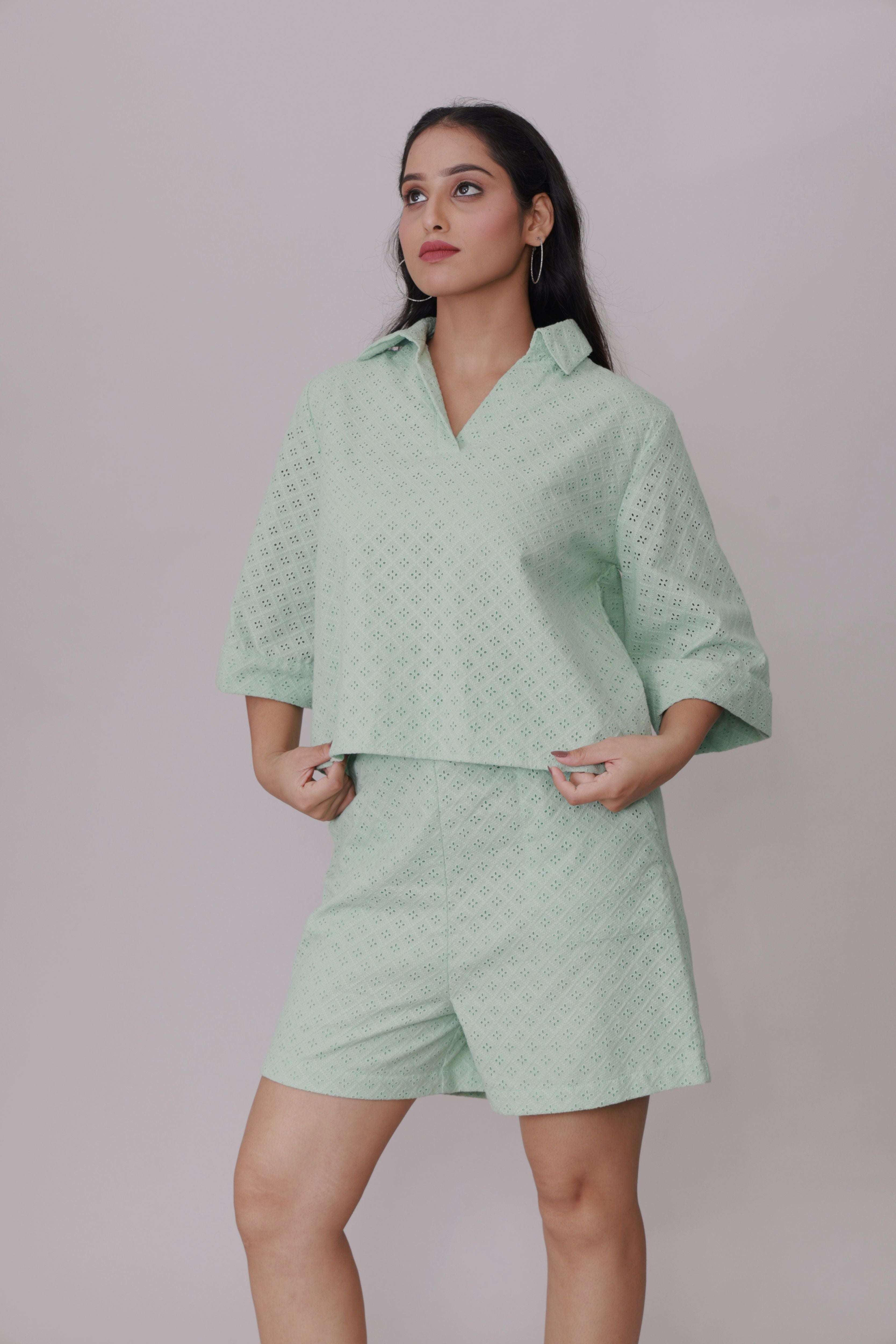 Pastel Mint Schiffli Eyelet Co-ord Set - Cropped Top & Shorts