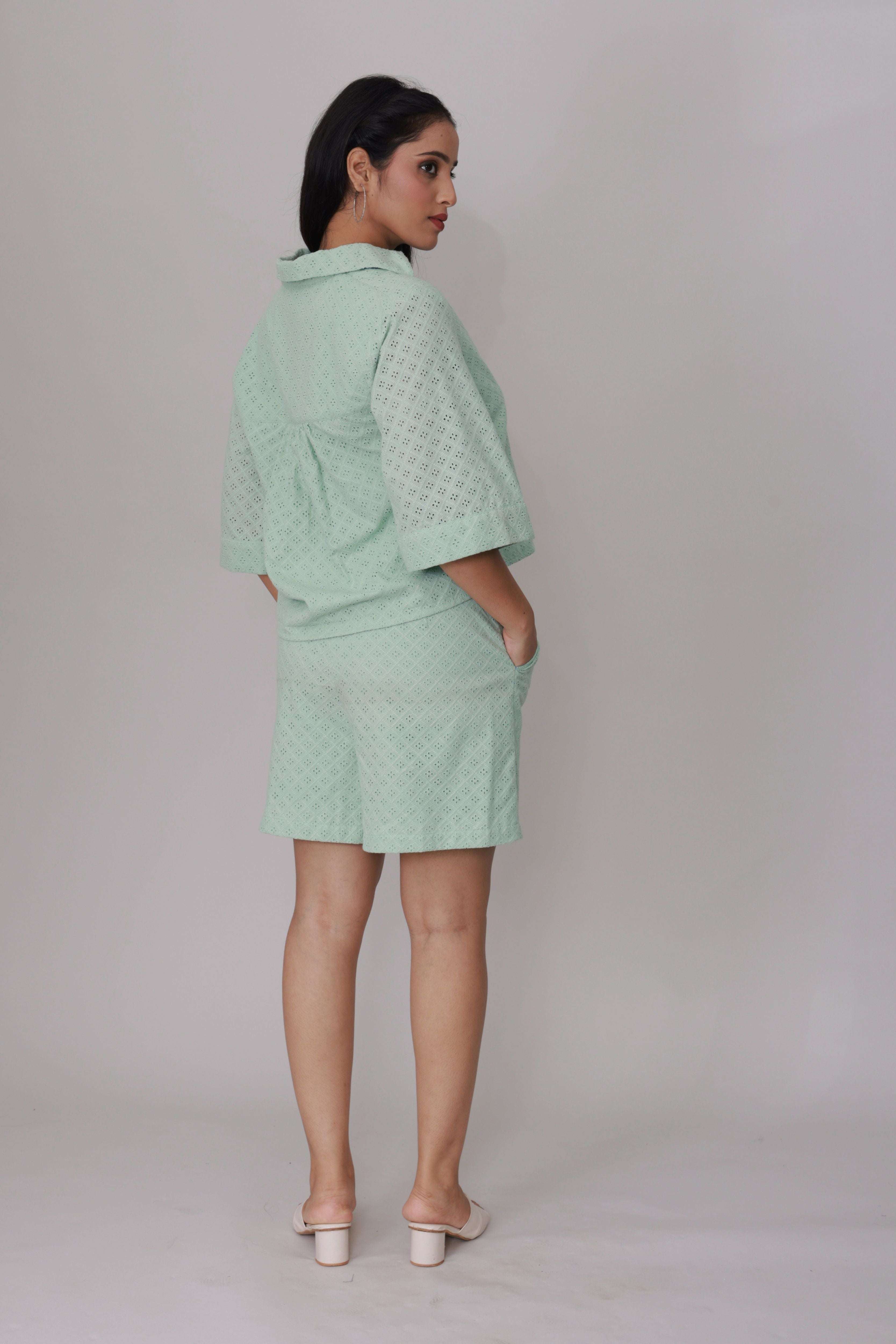 Pastel Mint Schiffli Eyelet Co-ord Set - Cropped Top & Shorts