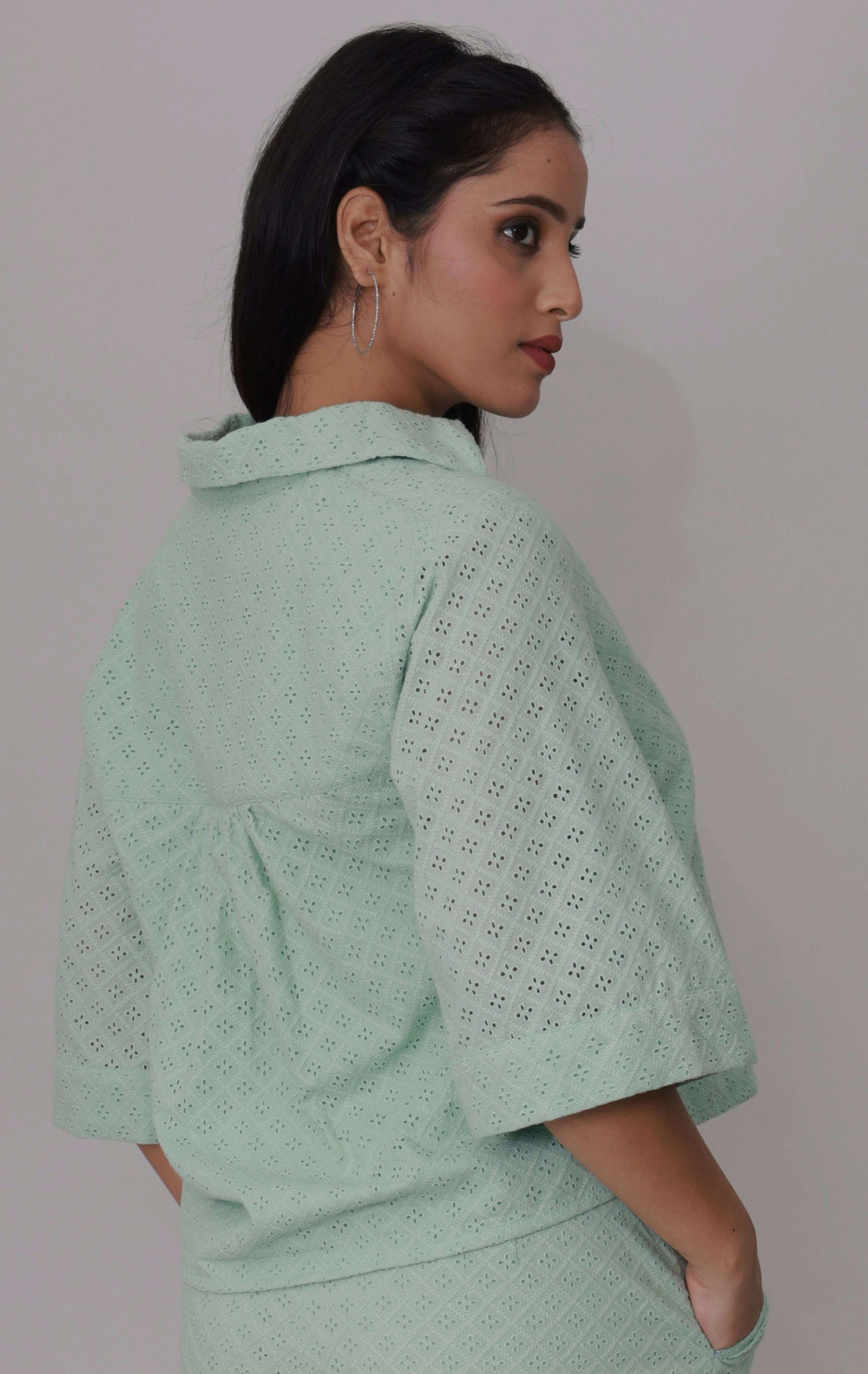 Pastel Mint Schiffli Eyelet Co-ord Set - Cropped Top & Shorts