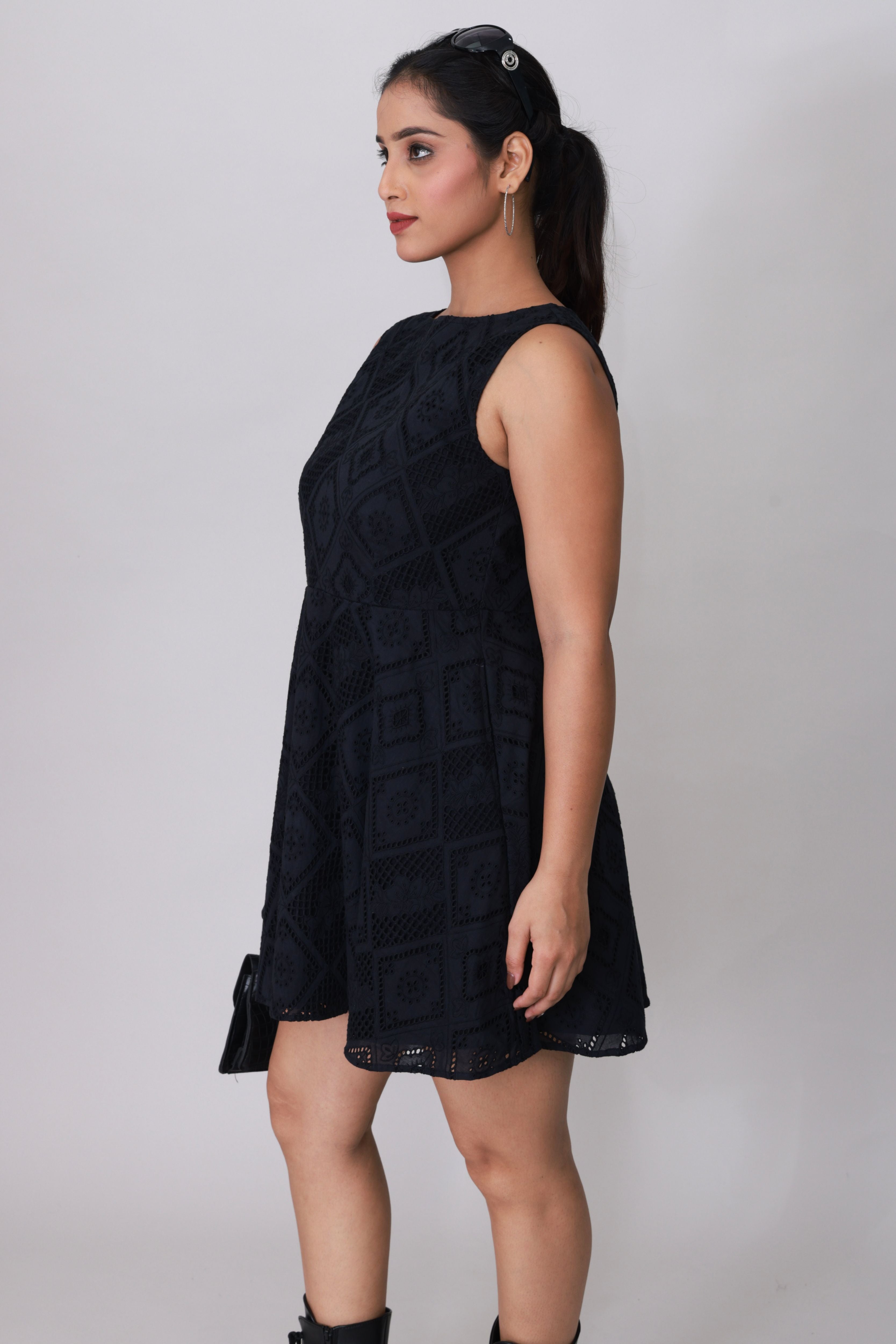 Black Petal Schiffli Dress