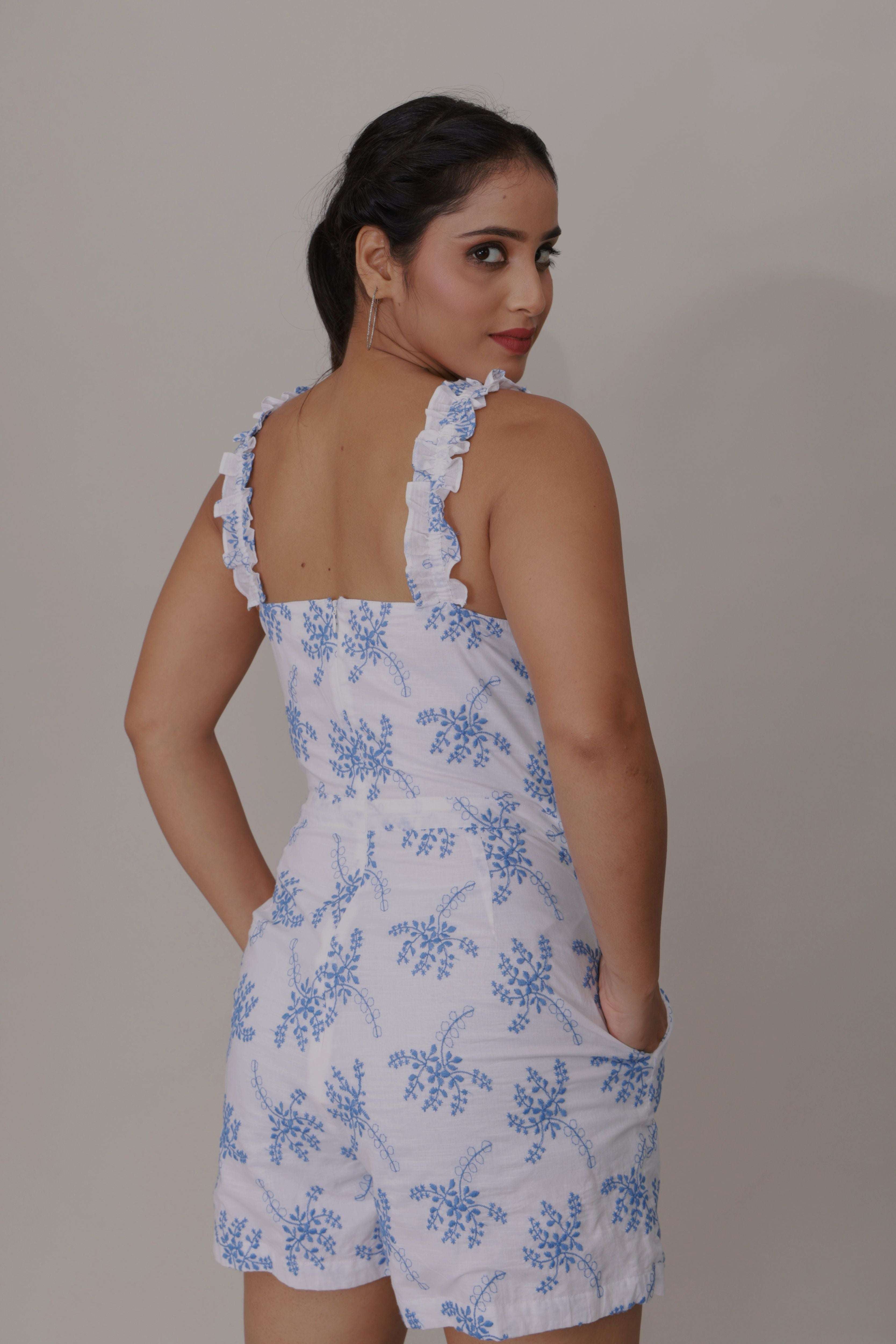 Blue Blossom Ruffle Strap Romper