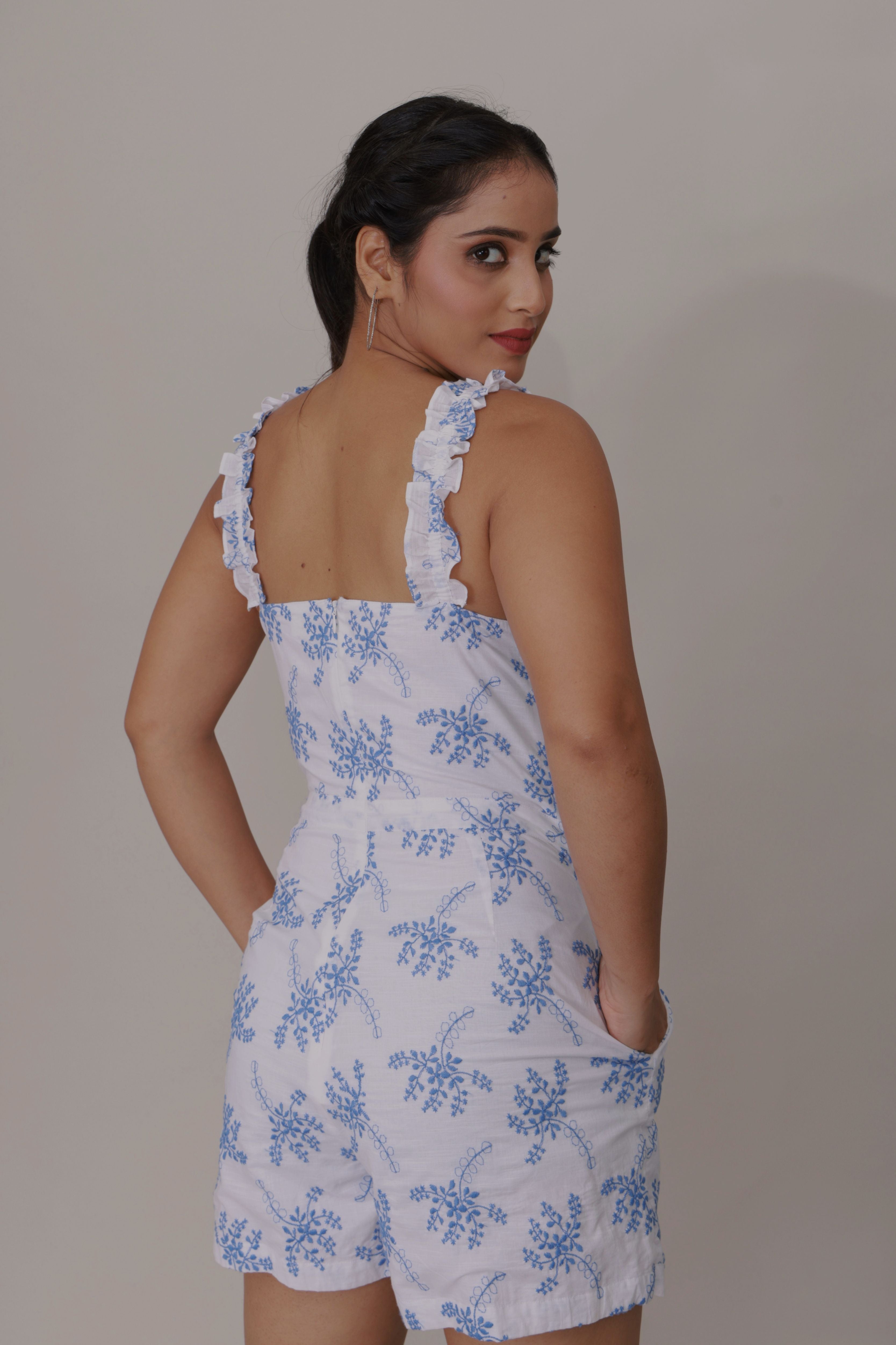 Blue Blossom Ruffle Strap Romper