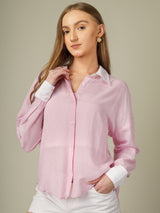 Contrast Collar Striped Button-Down Shirt