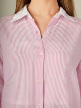 Contrast Collar Striped Button-Down Shirt