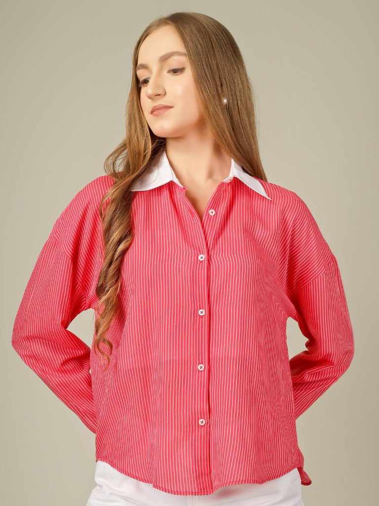 Contrast Collar Striped Button-Down Shirt