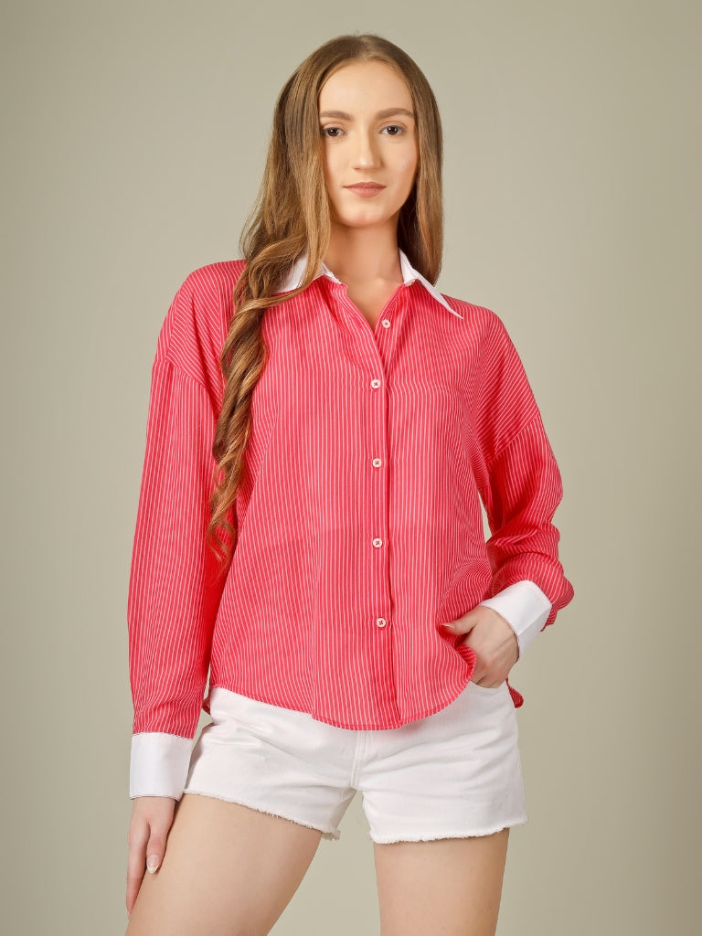 Contrast Collar Striped Button-Down Shirt