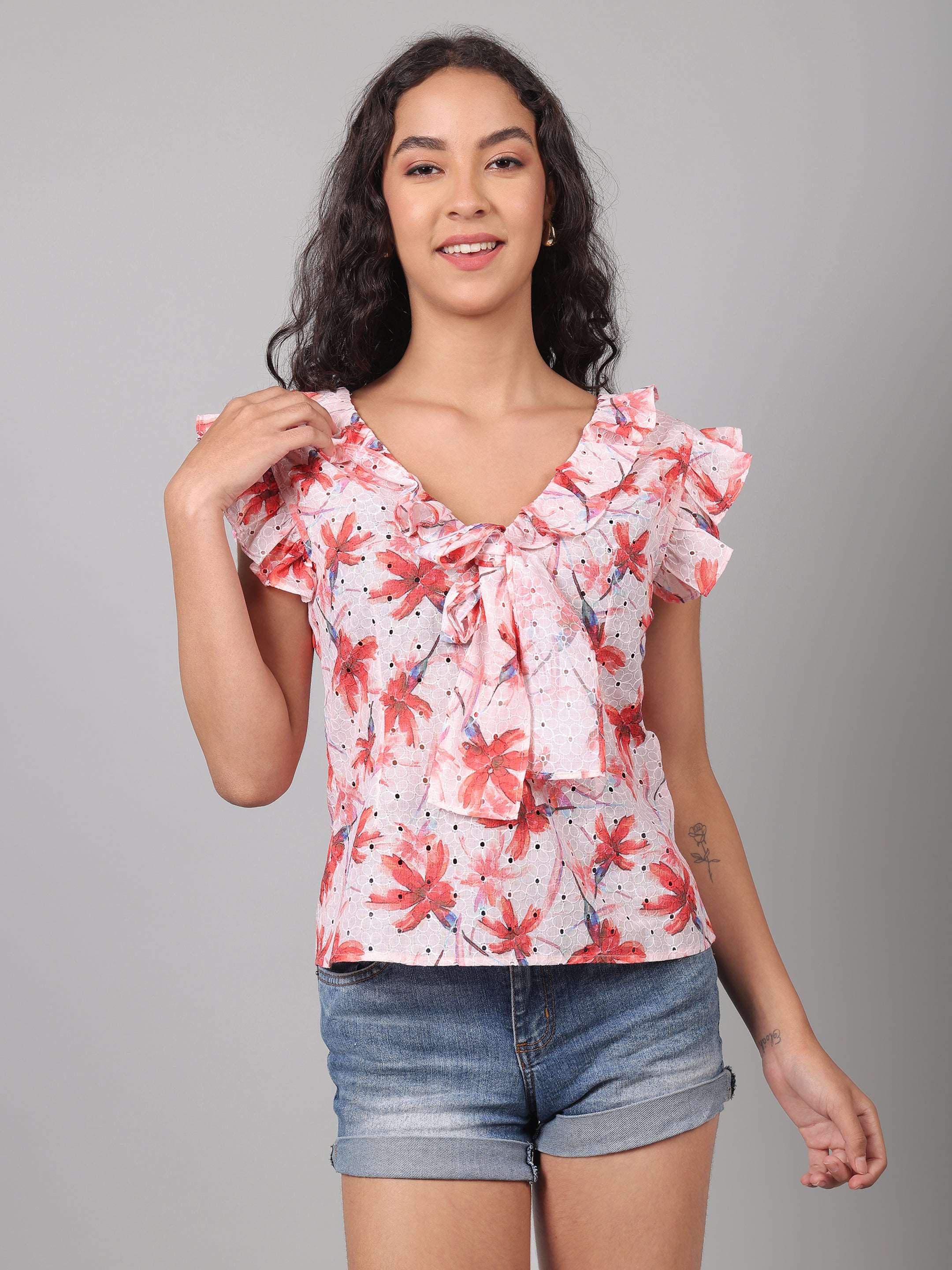 Cotton Schiffli Printed Florette Ruffle Top