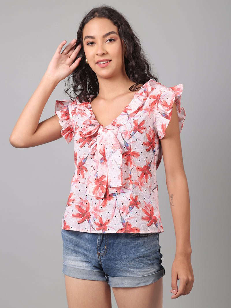 Cotton Schiffli Printed Florette Ruffle Top